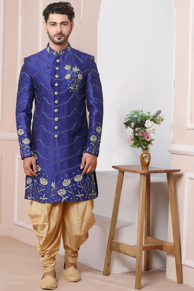 Banarasi Silk Wedding Wear Readymade Men Sherwani In Blue Color