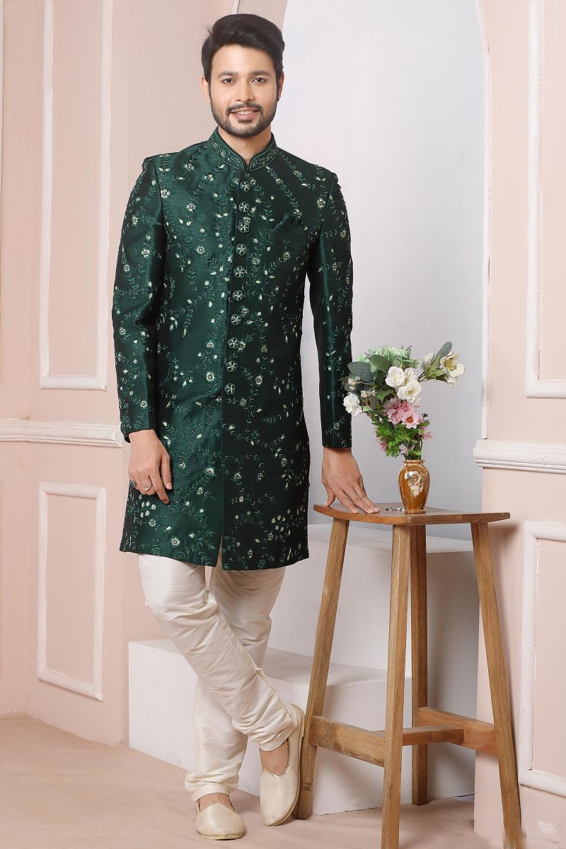 Dark Green Color Wedding Wear Readymade Sherwani For Men In Banarasi Silk Fabric