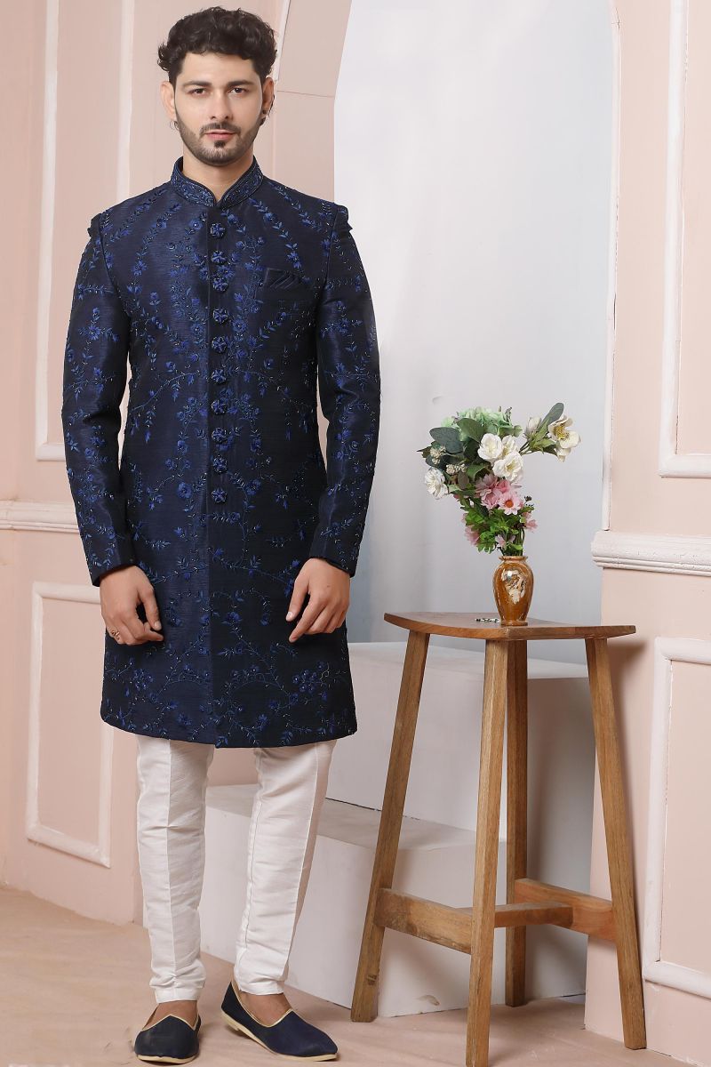 Banarasi Silk Wedding Wear Attractive Readymade Men Sherwani In Navy Blue Color