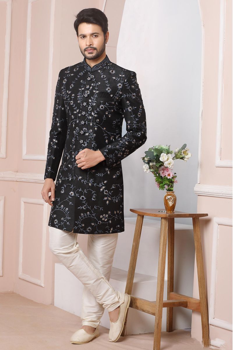 Black Color Wedding Wear Readymade Glamorous Sherwani For Men In Banarasi Silk Fabric