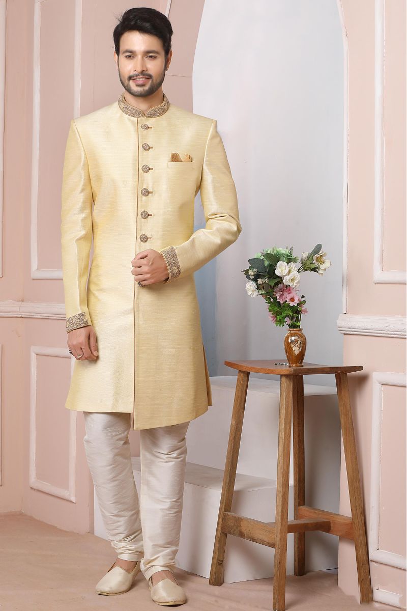 Beige Color Banarasi Silk Graceful Readymade Men Indo Western For Wedding Wear