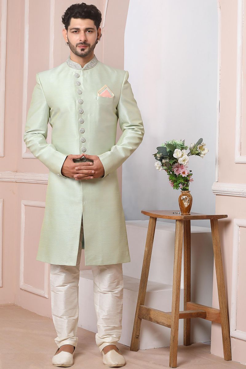 Sea Green Color Banarasi Silk Magnificent Readymade Men Indo Western For Wedding Wear