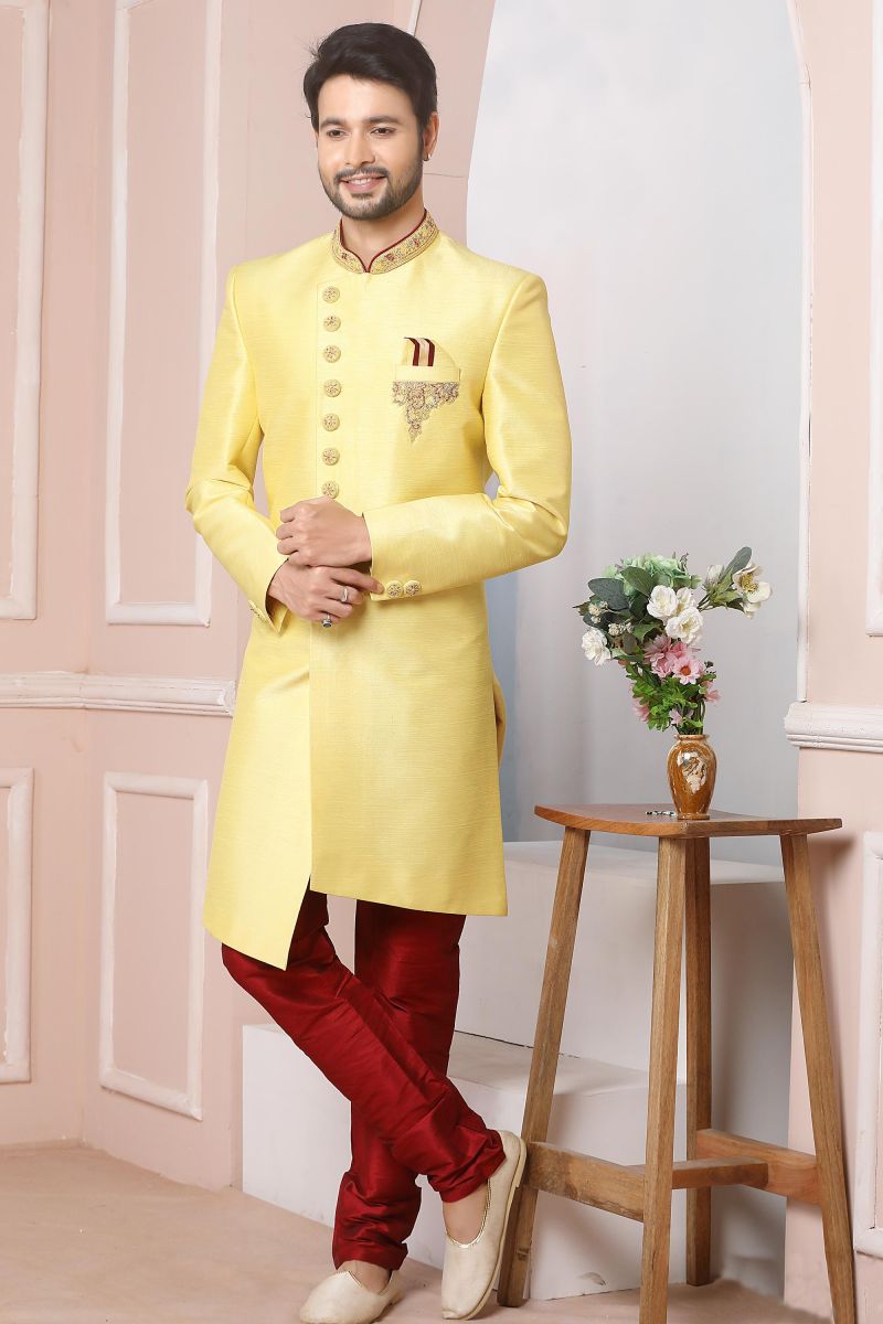 Banarasi Silk Yellow Color Magnificent Readymade Men Indo Western For Wedding Wear