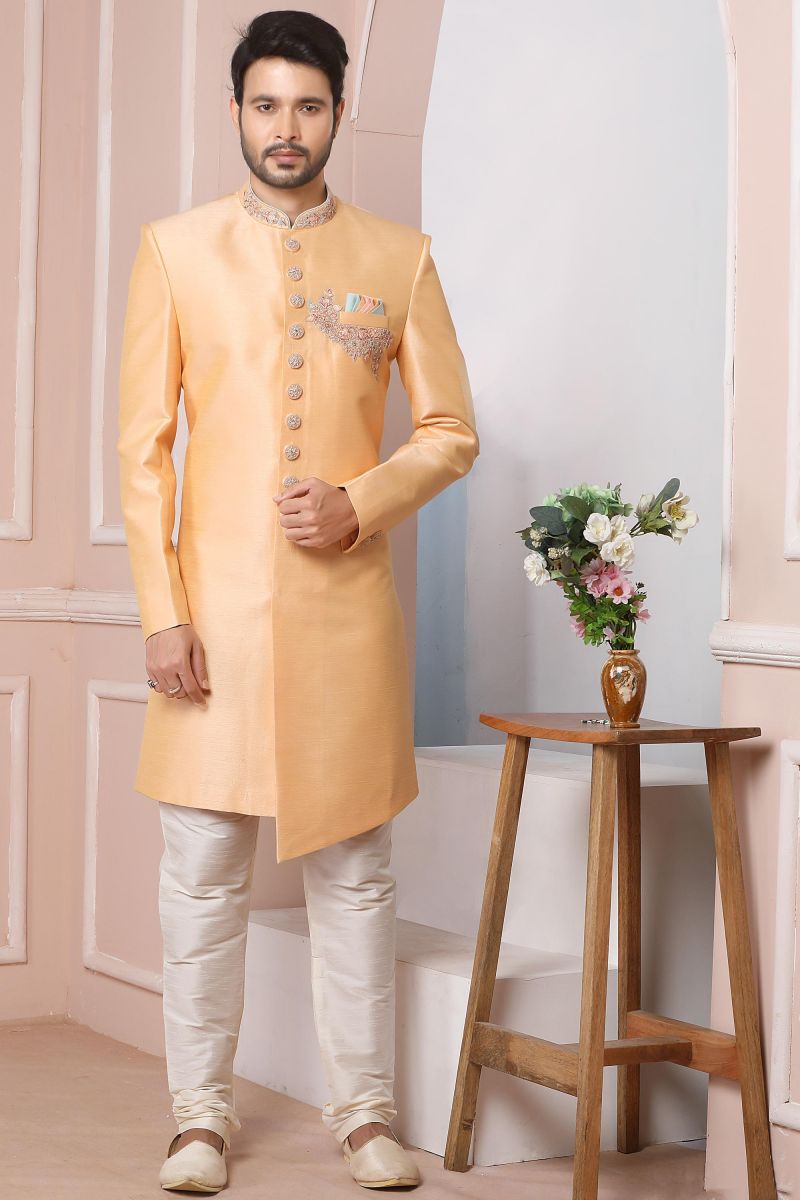 Peach Color Banarasi Silk Heavy Embroidered Wedding Wear Designer Readymade Indo Western For Men