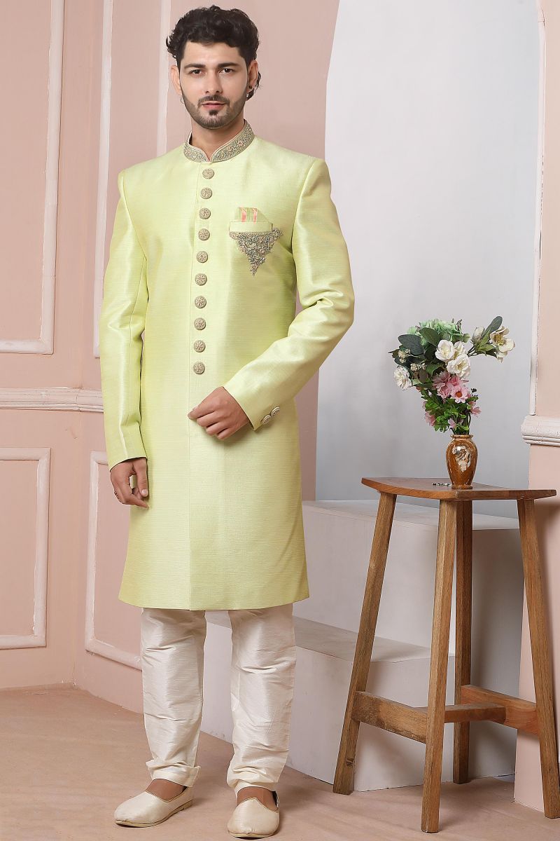 Banarasi Silk Heavy Embroidered Sea Green Color Wedding Wear Designer Readymade Indo Western For Men