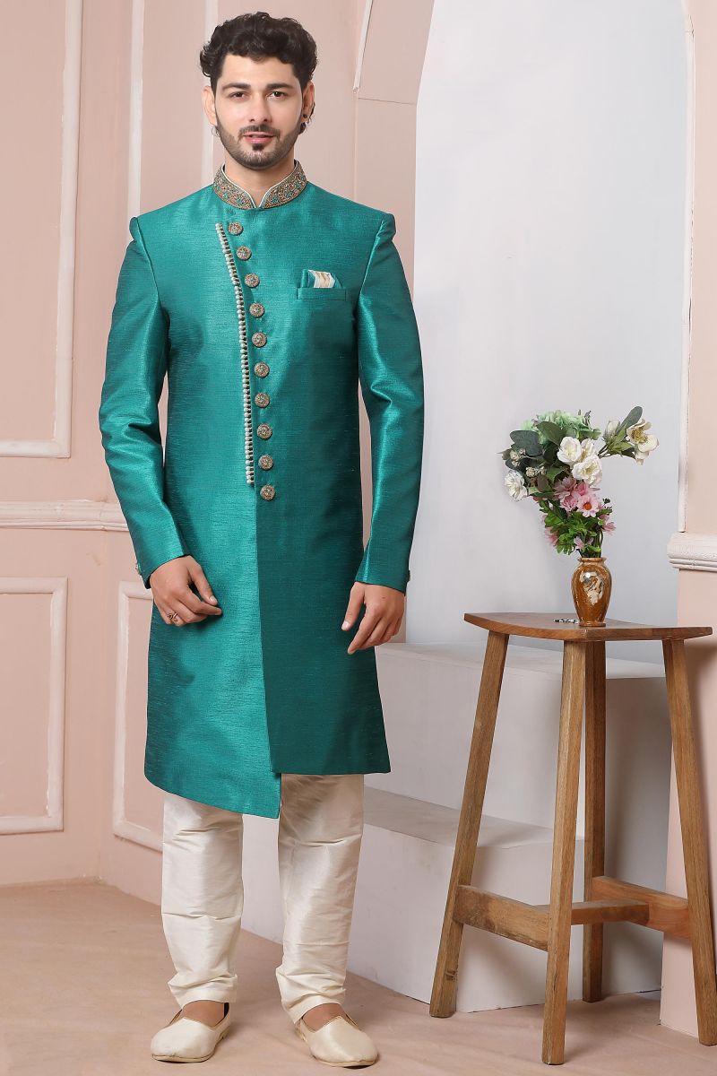 Heavy Embroidered Teal Color Wedding Wear Banarasi Silk Designer Readymade Indo Western For Men