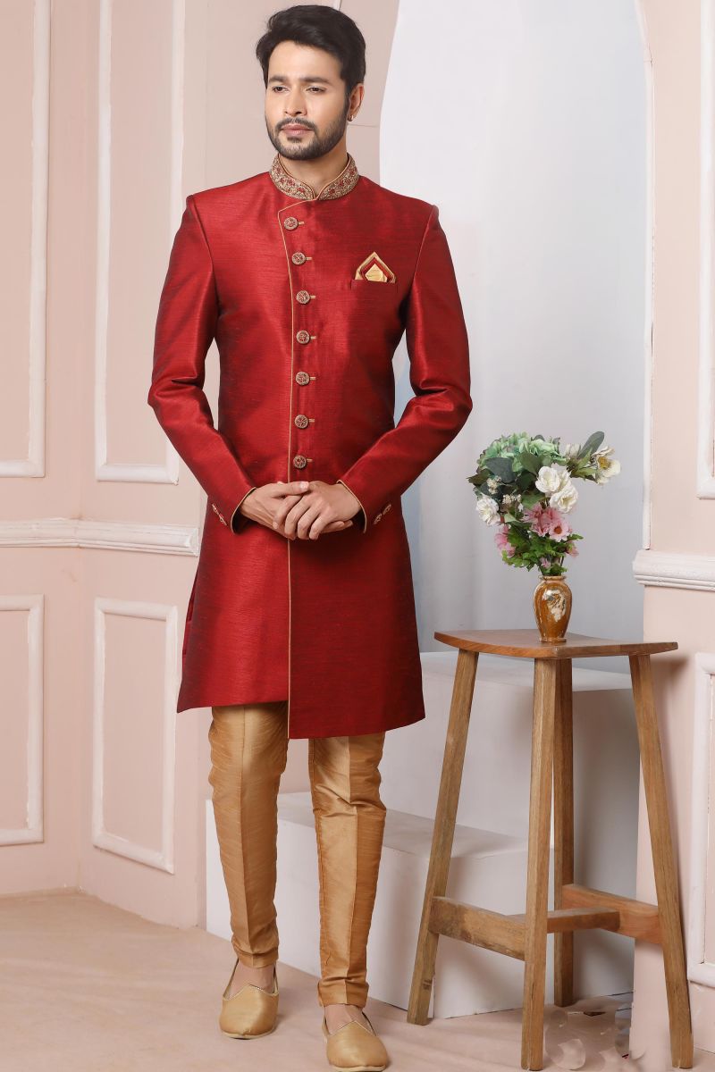 Maroon Color Wedding Wear Banarasi Silk Designer Heavy Embroidered Readymade Indo Western For Men