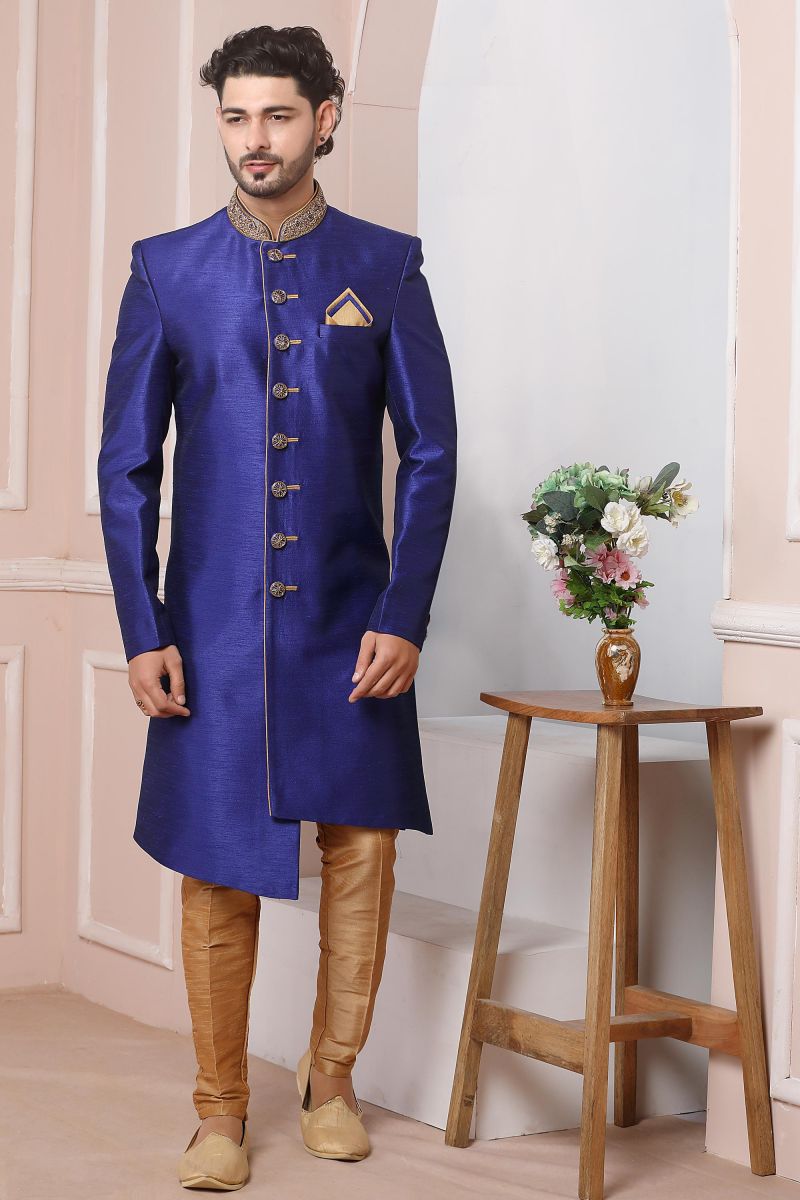 Wedding Wear Banarasi Silk Designer Heavy Embroidered Readymade Indo Western For Men In Blue Color