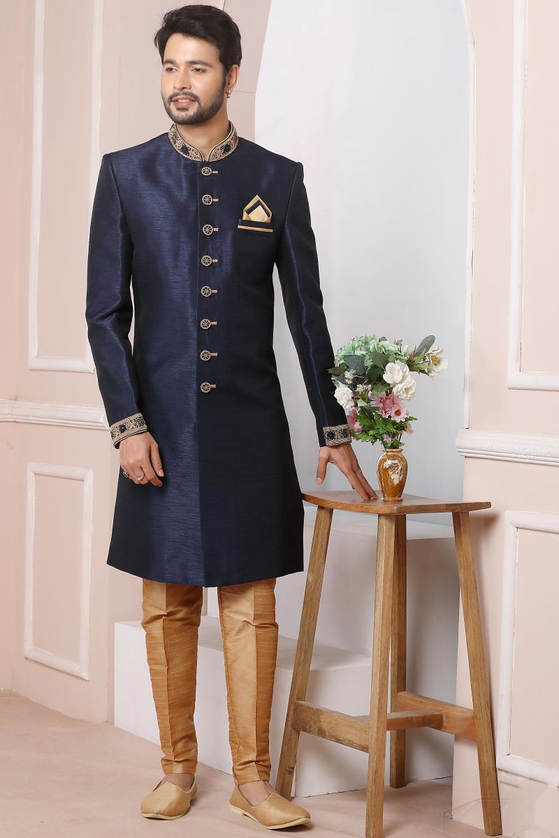 Banarasi Silk Designer Heavy Embroidered Wedding Wear Readymade Indo Western For Men In Navy Blue Color