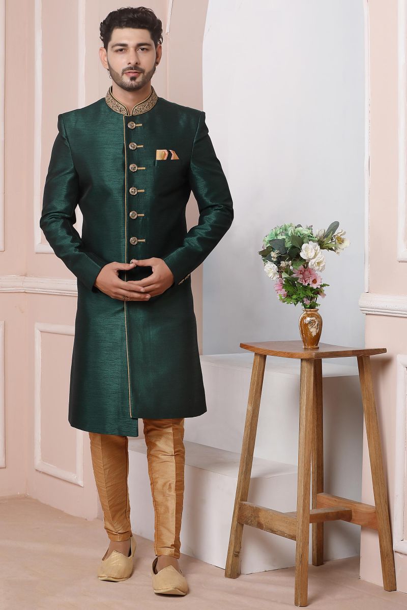 Embroidery Work Appealing Dark Green Color Banarasi Silk Function Wear Readymade Indo Western For Men