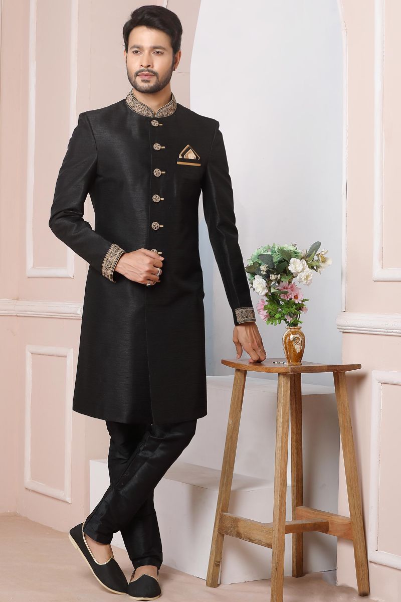 Reception Wear Black Color Banarasi Silk Attractive Embroidery Work Readymade Indo Western For Men