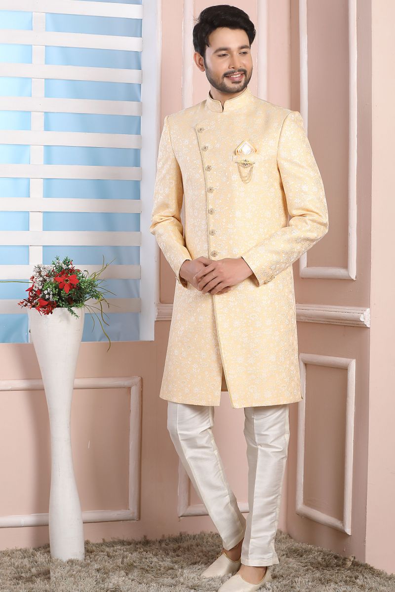 Jacquard Silk Yellow Magnificent Readymade Men Indo Western For Wedding Wear