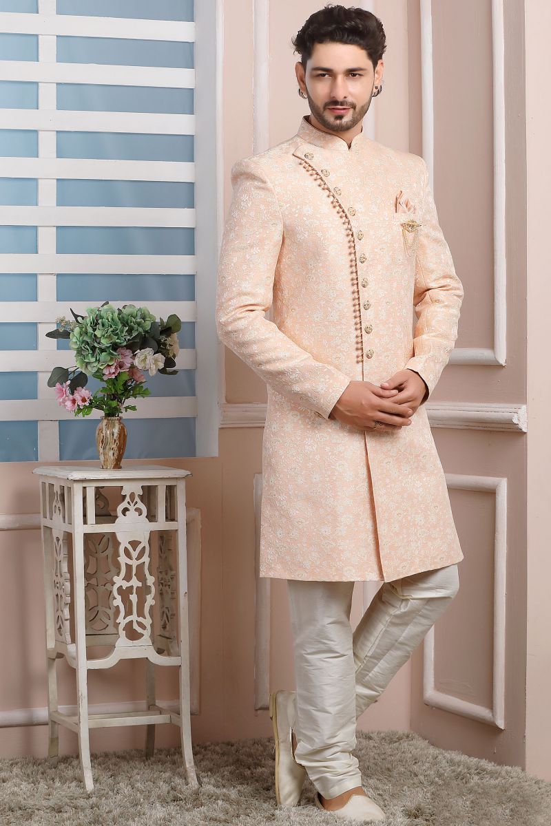 Peach Color Jacquard Silk Wedding Wear Designer Readymade Indo Western For Men