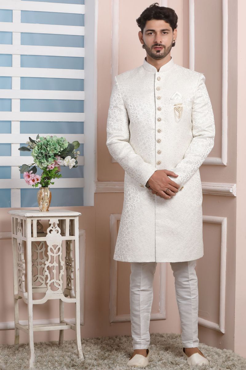 Off White Wedding Wear Jacquard Silk Designer Readymade Indo Western For Men