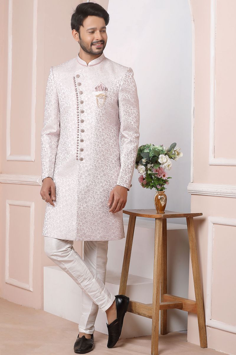 Pink Color Wedding Wear Jacquard Silk Designer Readymade Indo Western For Men