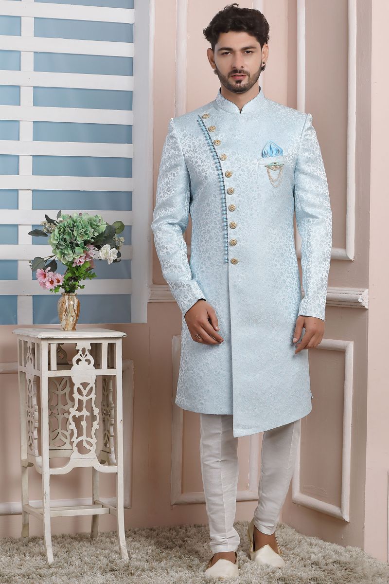 Wedding Wear Jacquard Silk Designer Readymade Indo Western For Men In Sky Blue Color