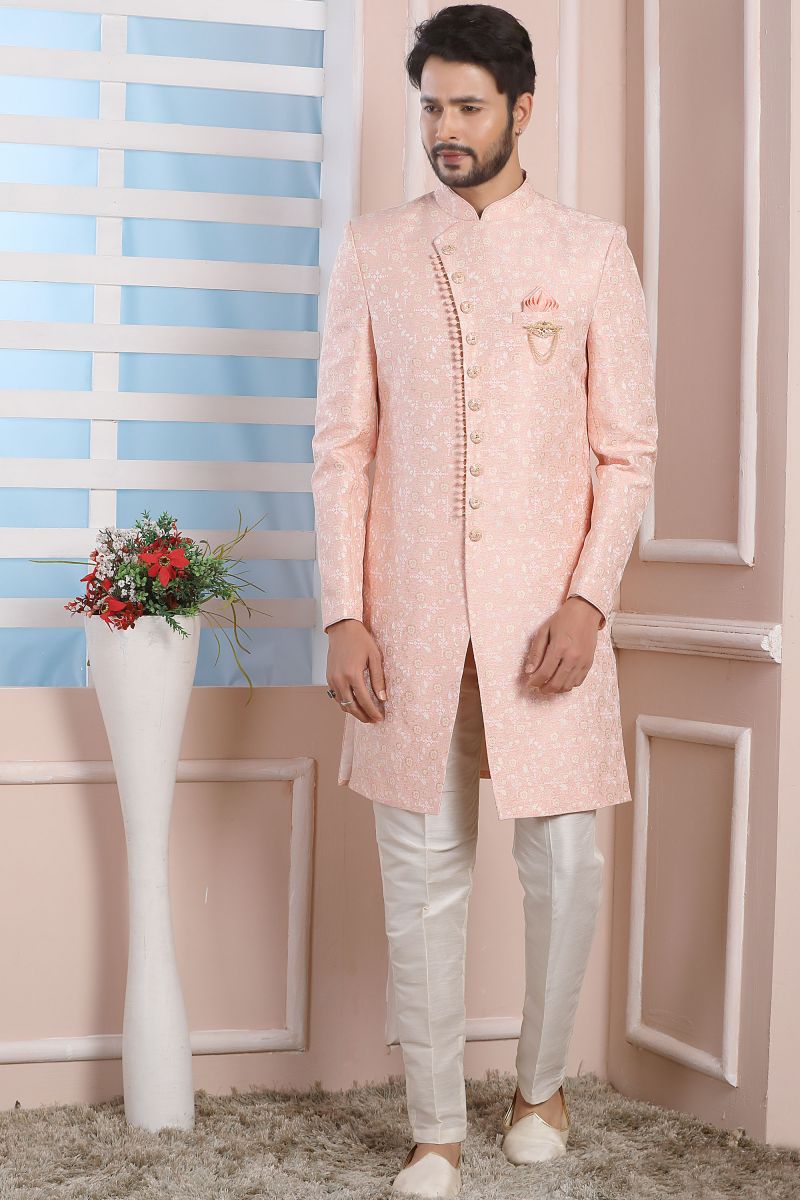 Jacquard Silk Designer Wedding Wear Readymade Indo Western For Men In Pink Color