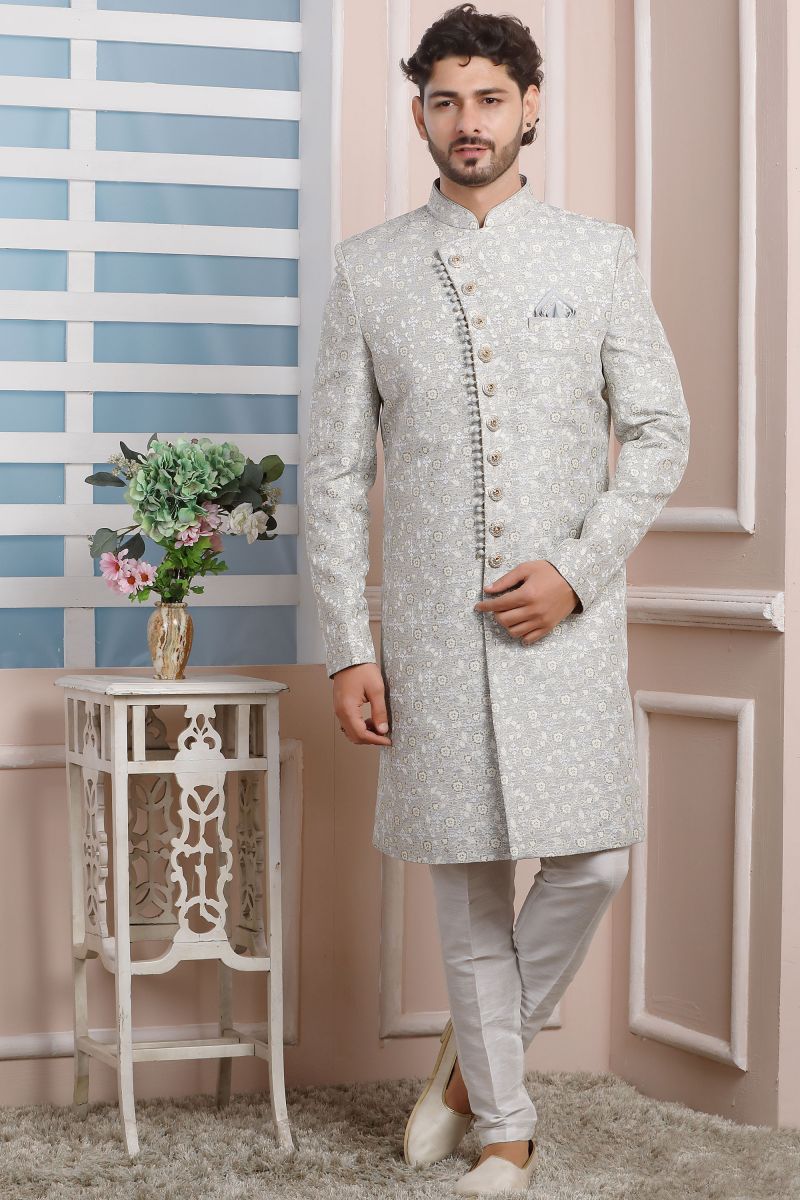 Jacquard Silk Grey Festive Wear Readymade Lovely Indo Western For Men