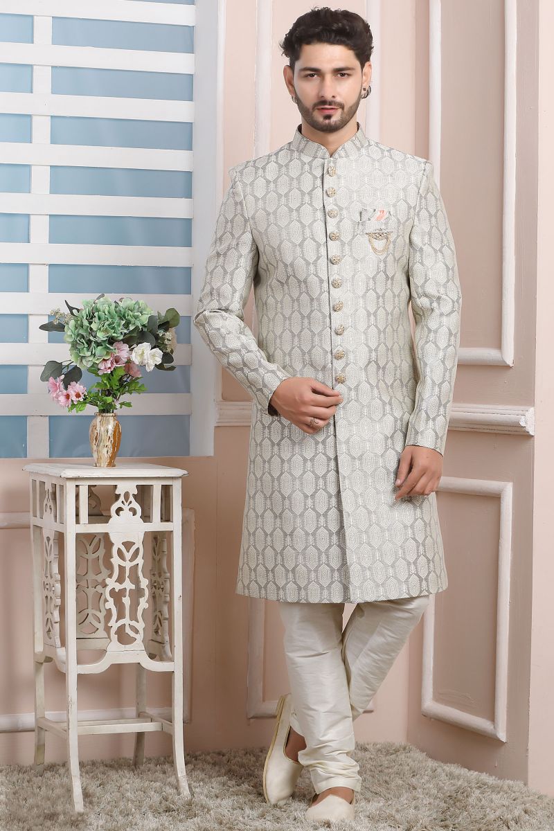 Jacquard Silk Grey Wedding Wear Attractive Readymade Men Indo Western