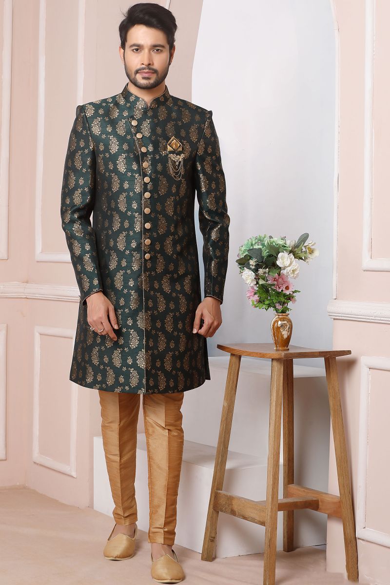 Jacquard Silk Green Wedding Wear Readymade Glamorous Indo Western For Men