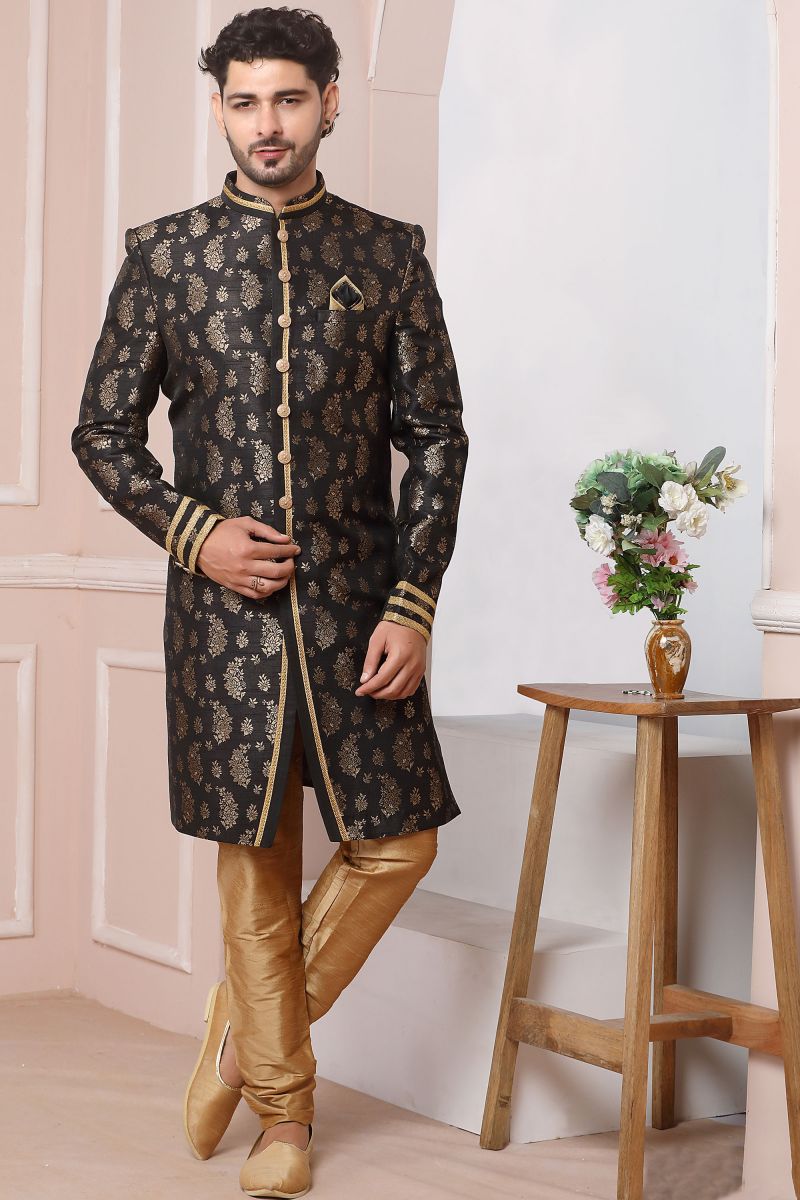 Black Jacquard Silk Graceful Readymade Men Indo Western