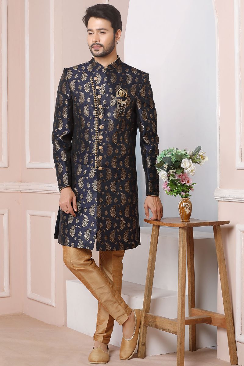 Navy Blue Color Jacquard Silk Wedding Wear Readymade Indo Western For Men