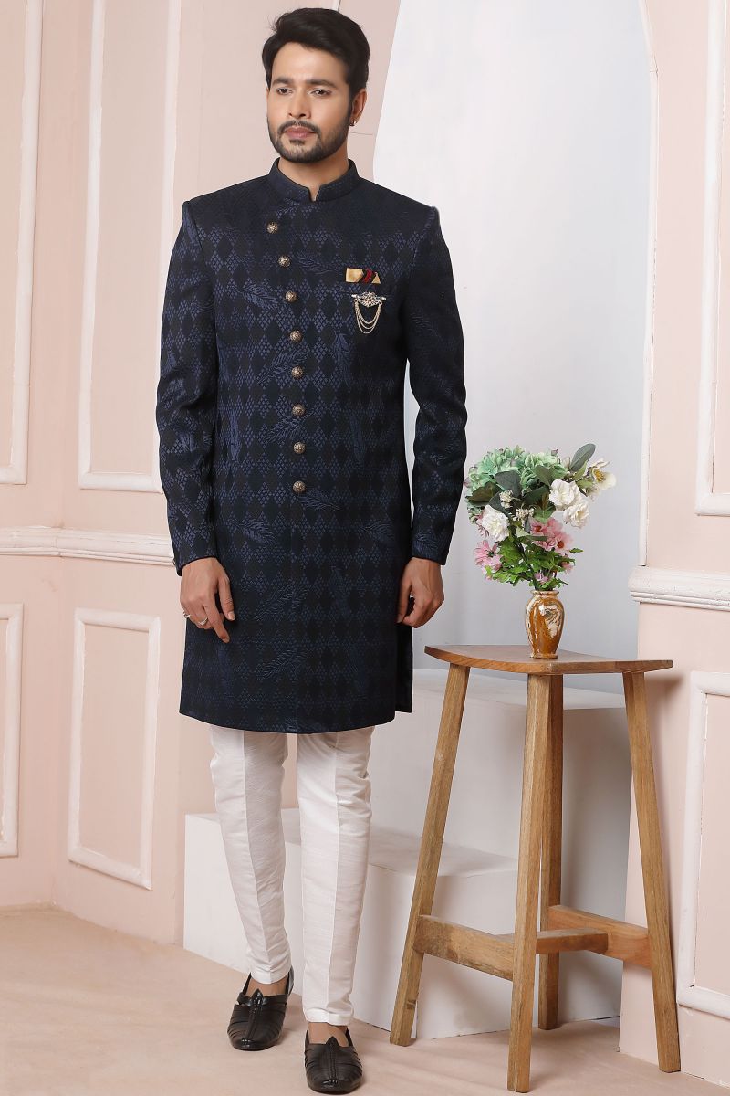 Jacquard Silk Navy Blue Color Wedding Wear Readymade Men Stylish Indo Western