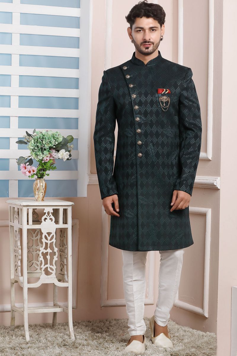 Dark Green Color Jacquard Silk Wedding Function Beautiful Readymade Indo Western For Men