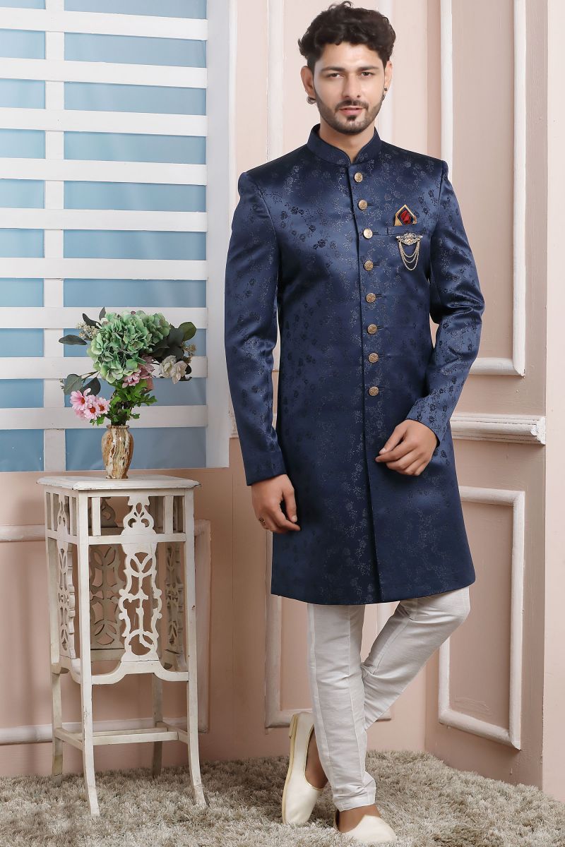 Jacquard Silk Blue Color Wedding Wear Readymade Designer Men Indo Western