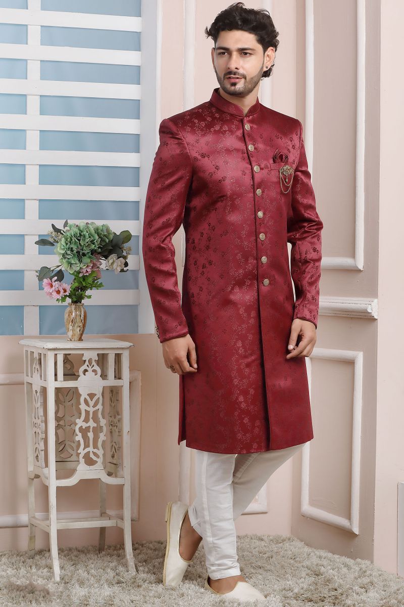 Jacquard Silk Stunning Maroon Color Wedding Wear Readymade Men Indo Western