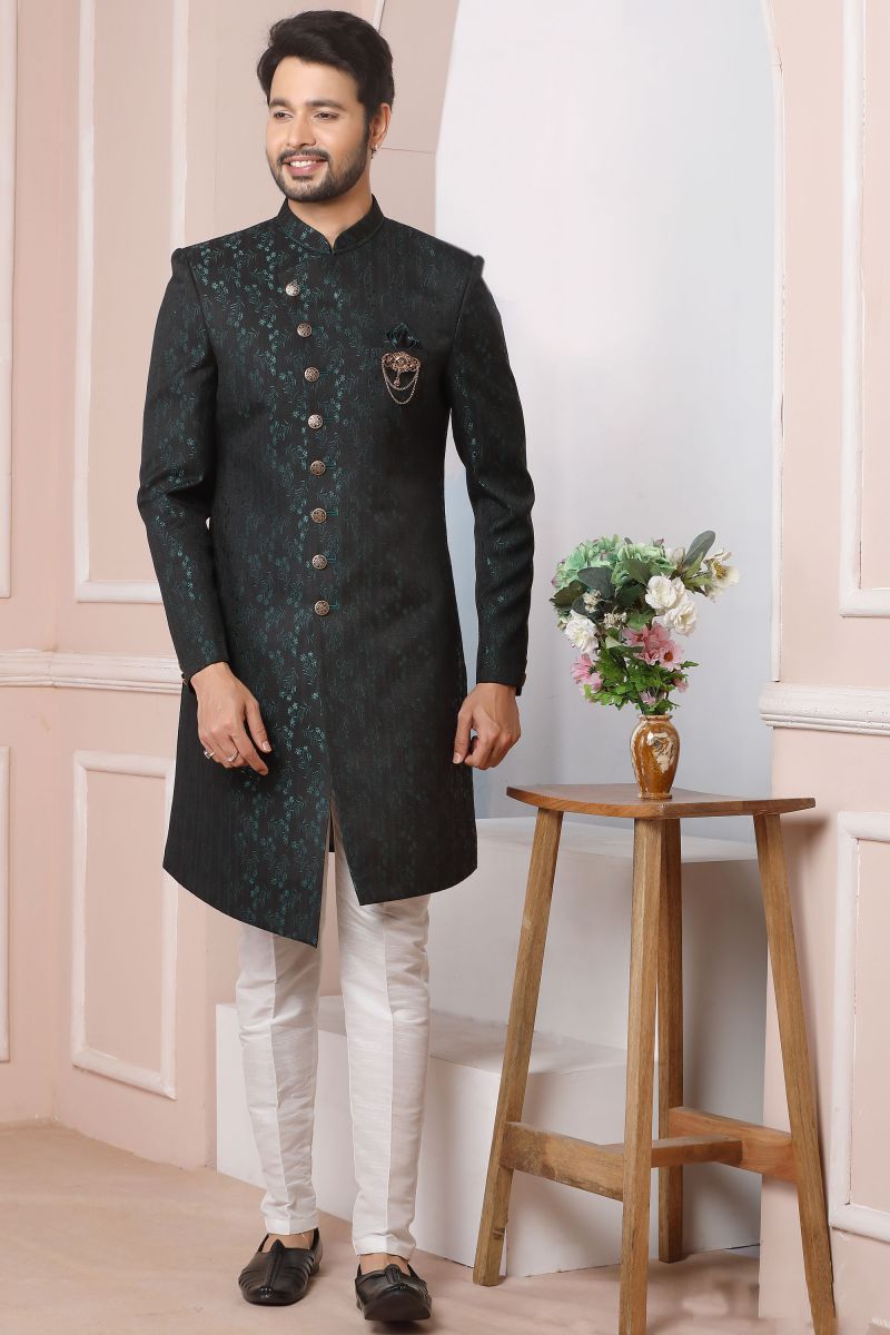 Jacquard Silk Green And Black Wedding Wear Readymade Lovely Indo Western For Men