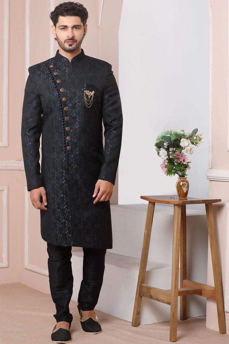 Jacquard Silk Wedding Wear Readymade Men Indo Western In Navy Blue Color