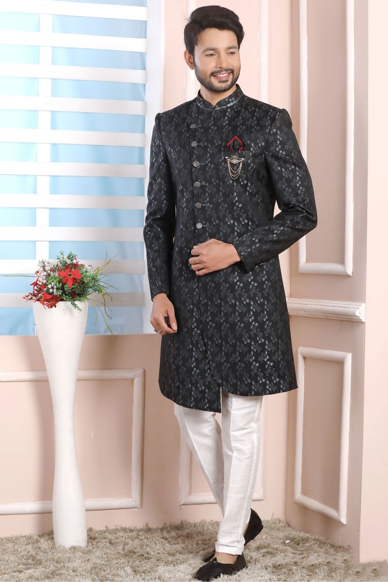 Black Color Wedding Wear Readymade Indo Western For Men In Jacquard Silk Fabric