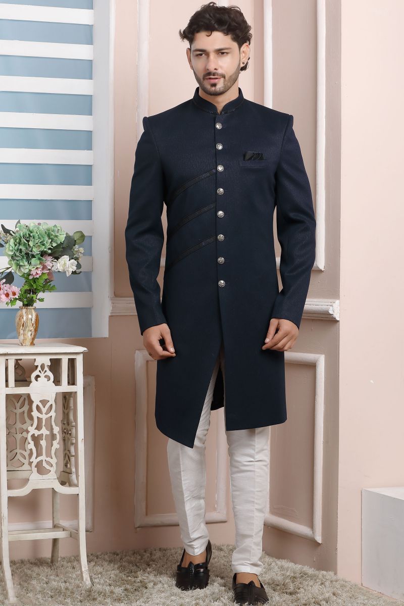 Jacquard Silk Wedding Wear Attractive Readymade Men Indo Western In Navy Blue Color