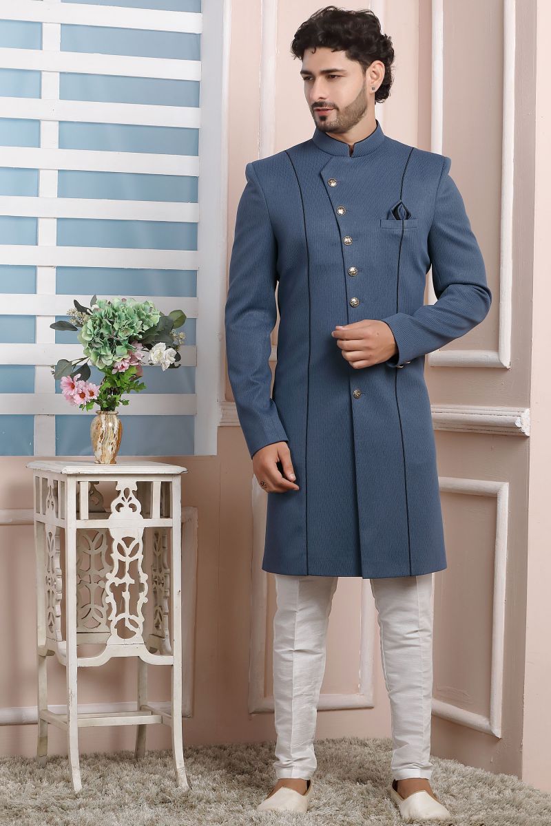 Grey Jacquard Silk Graceful Readymade Men Indo Western For Wedding Wear