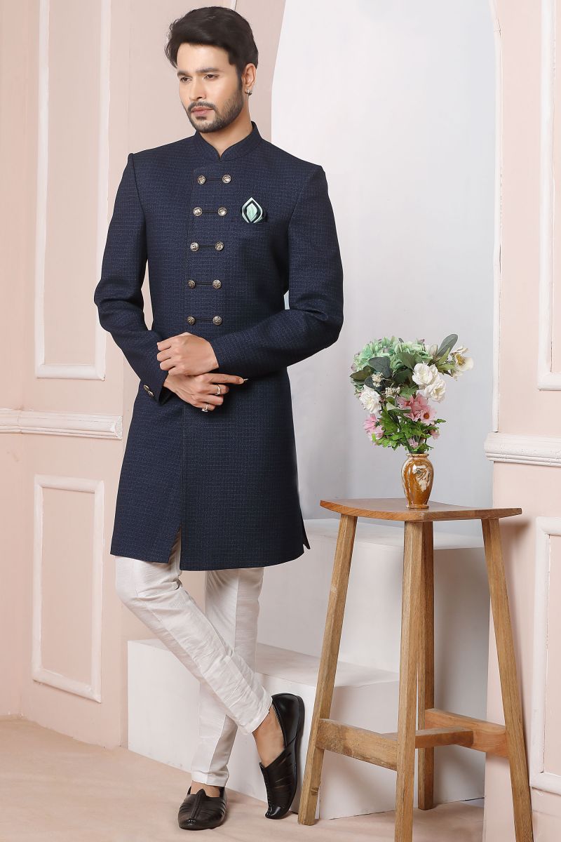 Navy Blue Jacquard Silk Magnificent Readymade Men Indo Western For Wedding Wear