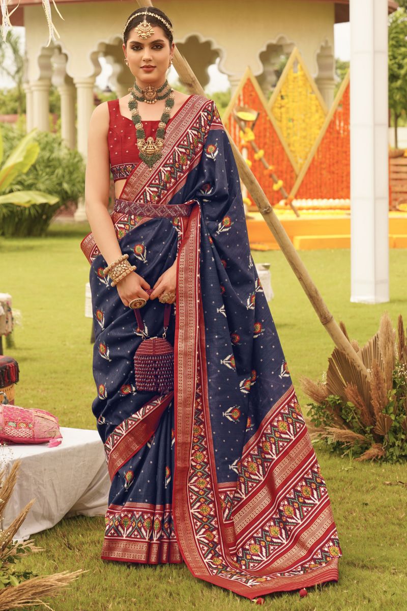 Navy Blue Patola Silk Fancy Printed Saree