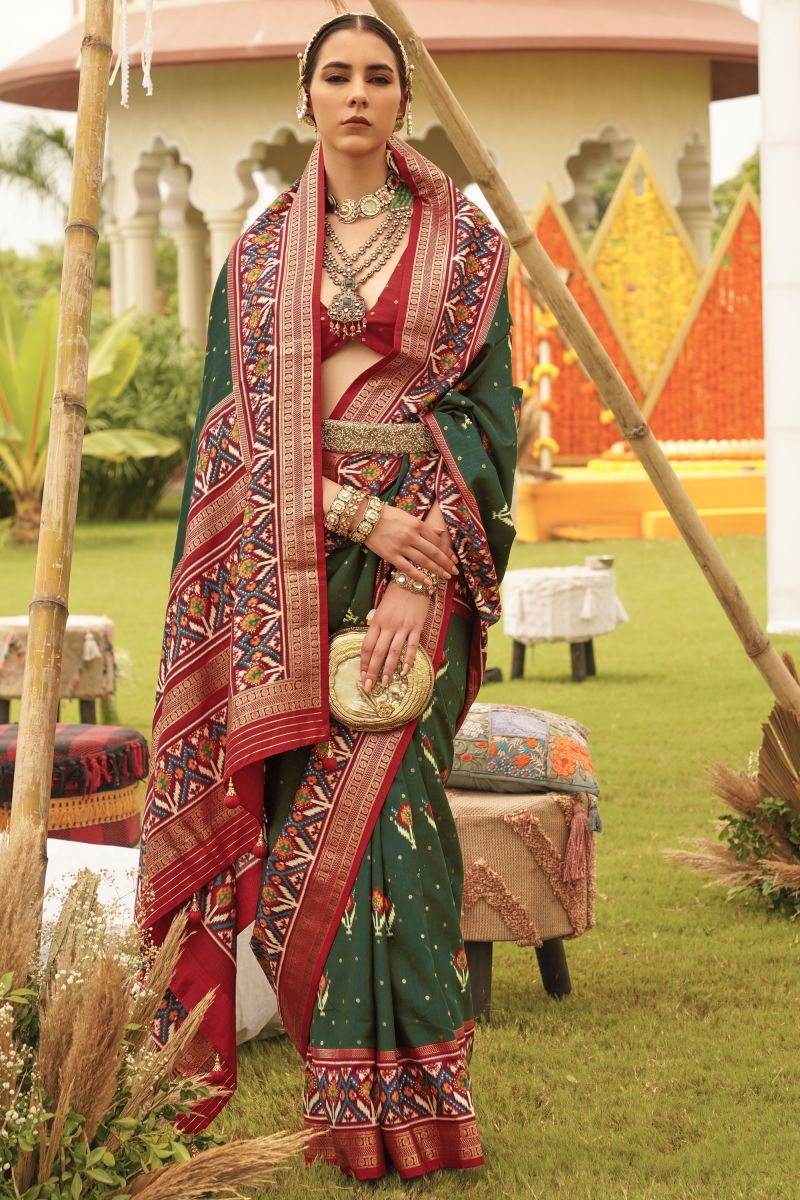 Patola Silk Printed Saree In Dark Green Color