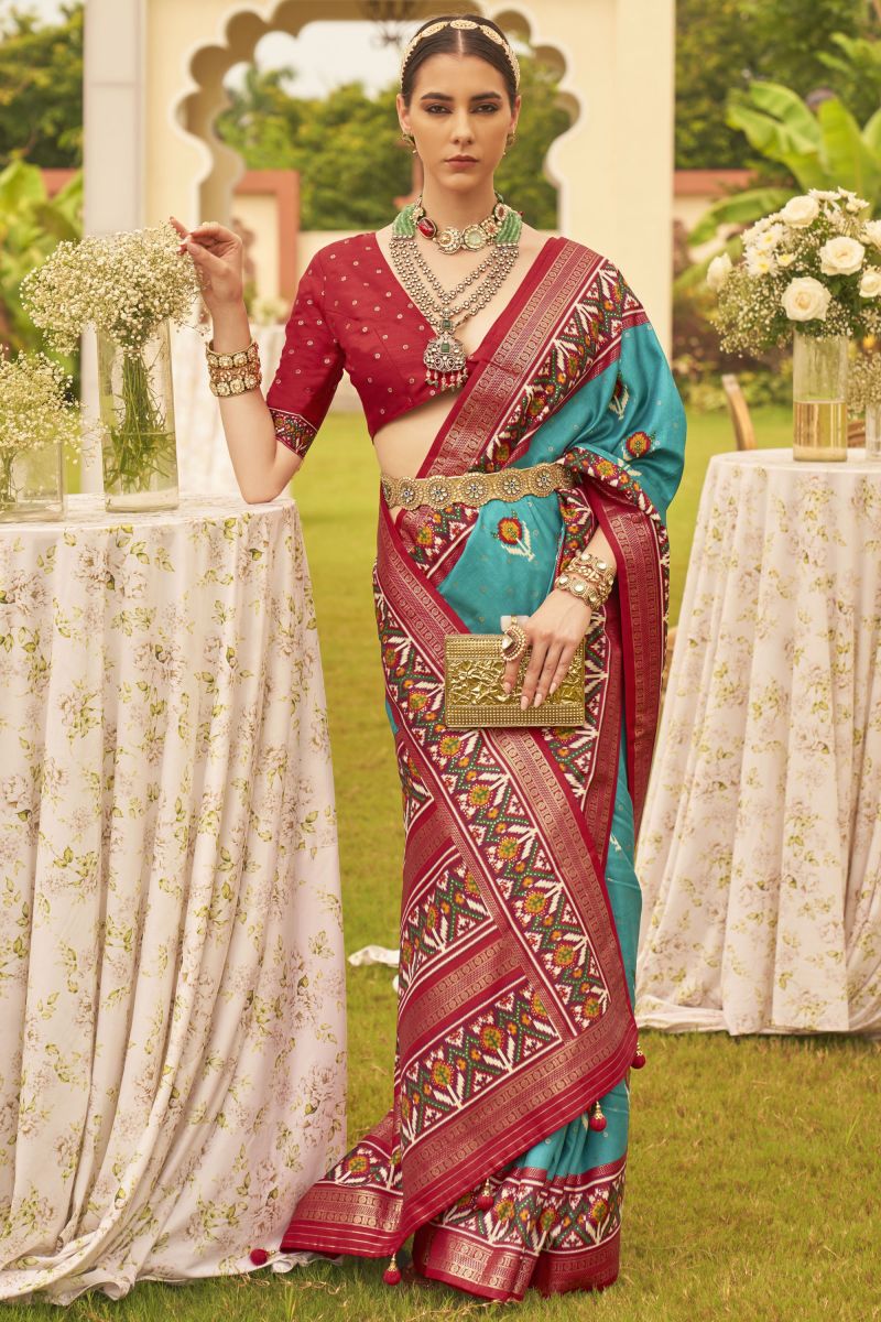 Cyan Color Fancy Printed Patola Silk Saree