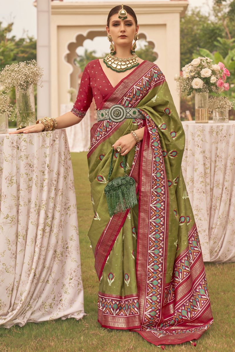 Green Color Printed Designer Patola Silk Saree