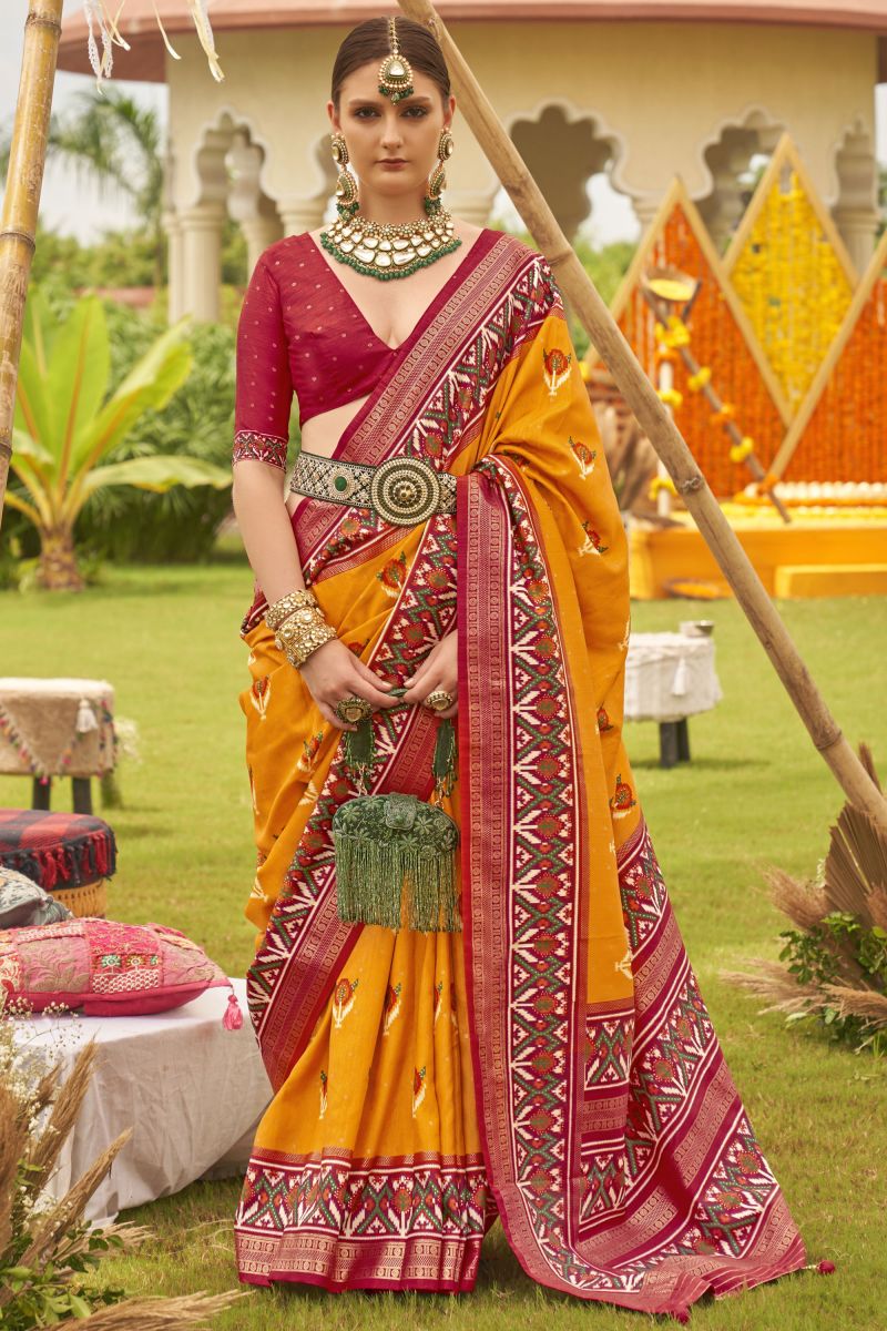 Patola Silk Printed Design Saree In Mustard Color