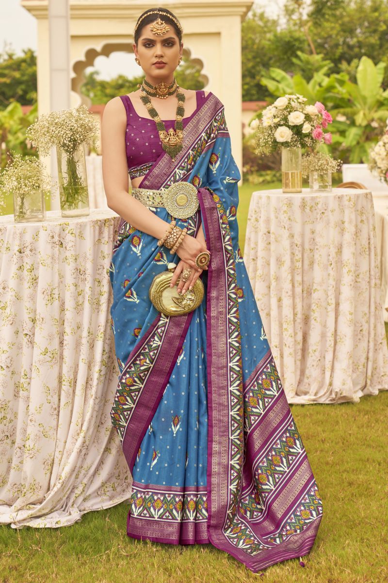 Sky Blue Color Function Wear Patola Silk Design Printed Saree