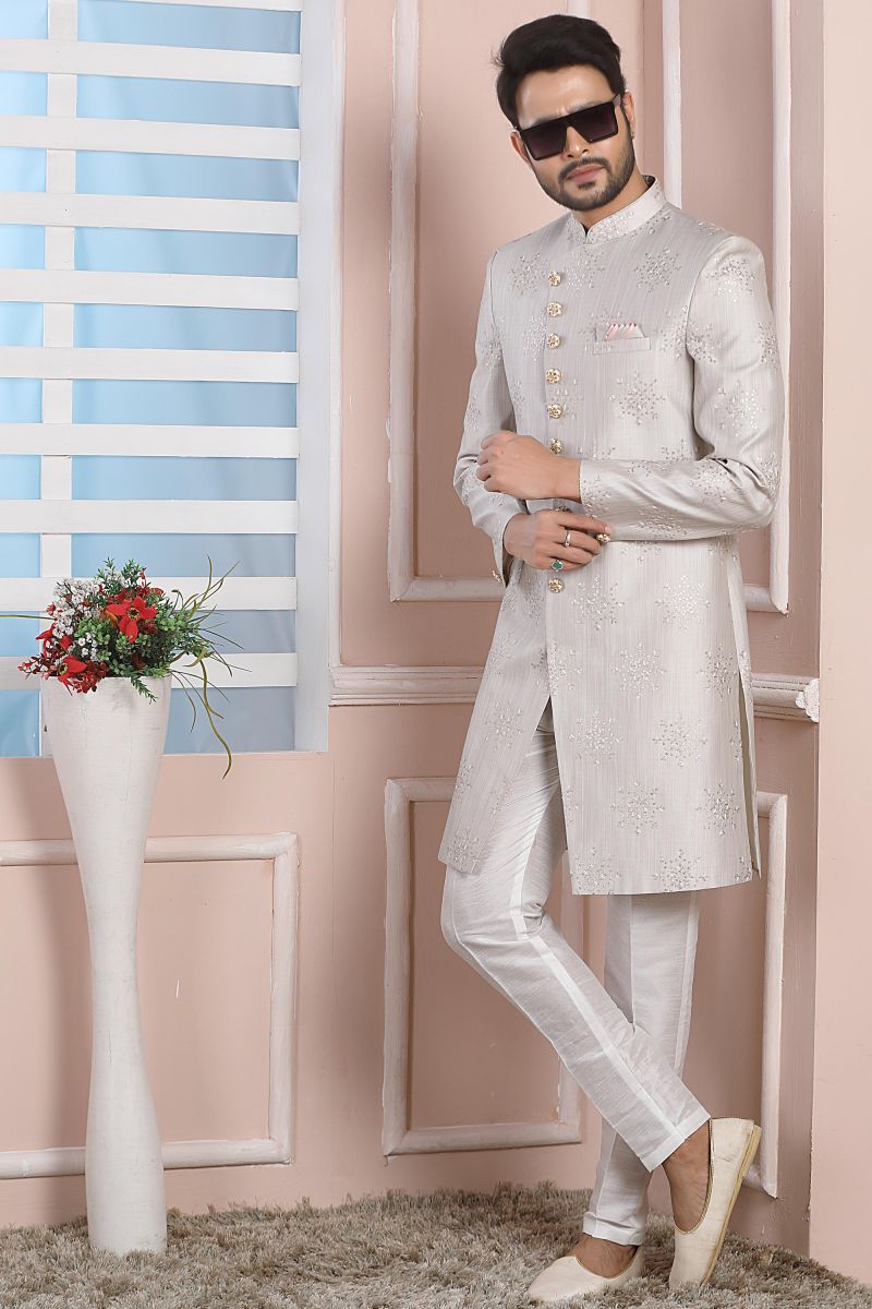 Grey Stunning Art Silk Wedding Wear Readymade Indo Western For Men