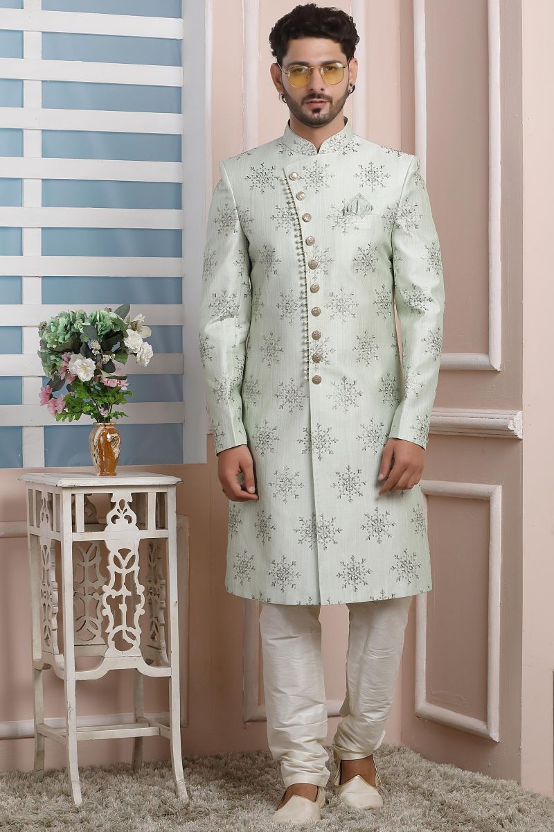 Art Silk Lovely Sea Green Color Festive Wear Readymade Indo Western For Men