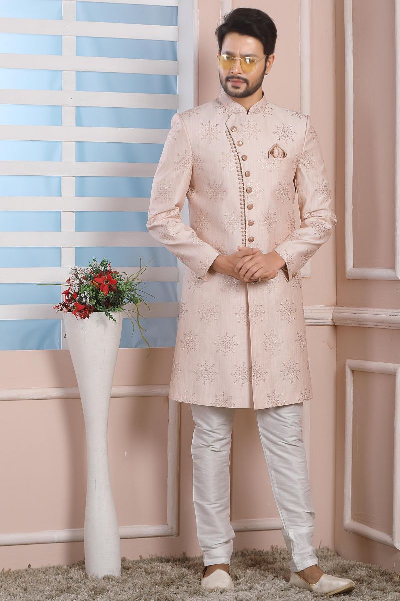 Art Silk Pink Color Wedding Wear Pretty Readymade Indo Western For Men