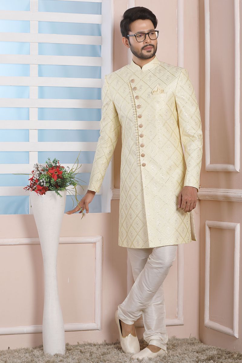 Wedding Wear Yellow Color Art Silk Attractive Readymade Indo Western For Men