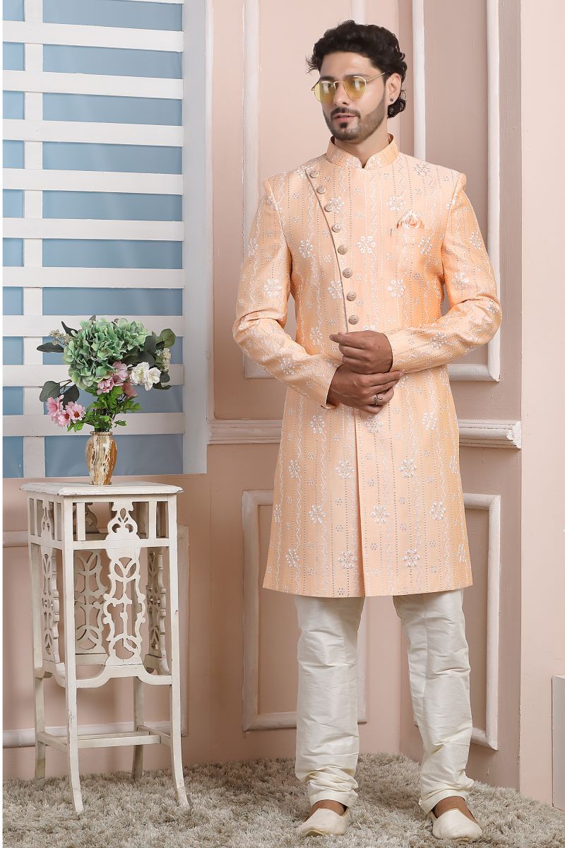 Peach Color Art Silk Wedding Wear Readymade Indo Western For Men