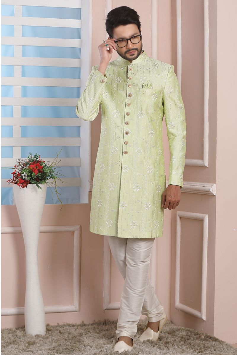 Art Silk Sea Green Color Festive Wear Readymade Men Stylish Indo Western 