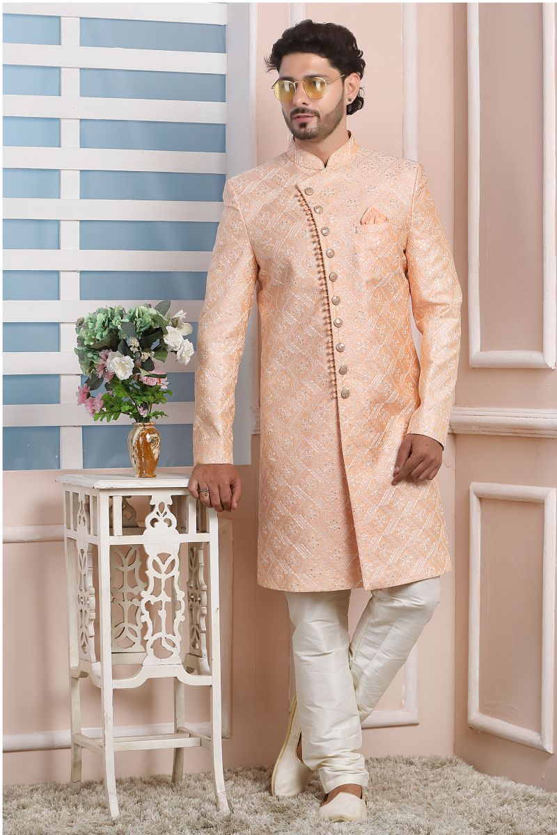 Peach Art Silk Wedding Wear Trendy Readymade Indo Western For Men Set