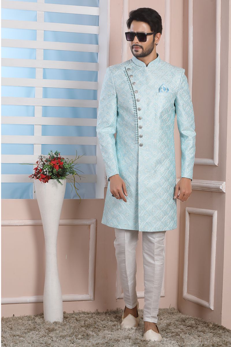 Art Silk Sky Blue Color Wedding Wear Readymade Designer Men Indo Western 